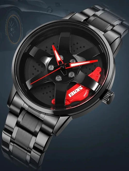 The Alloy Wheel Watch With Rotating Alloy Wheel and Stainless Steel Strap.