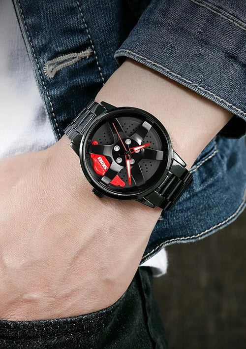 The Alloy Wheel Watch With Rotating Alloy Wheel and Stainless Steel Strap.