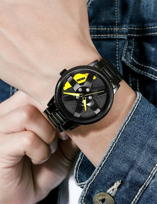 The Alloy Wheel Watch With Rotating Alloy Wheel and Stainless Steel Strap.