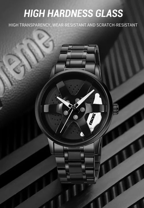 The Alloy Wheel Watch With Rotating Alloy Wheel and Stainless Steel Strap.